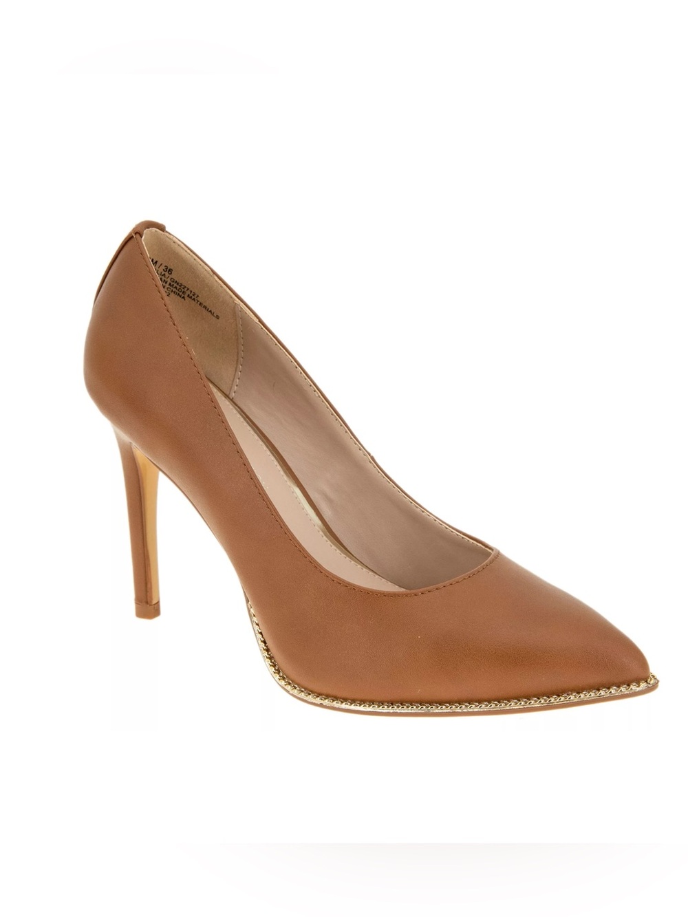 BCBGeneration Harlia Pumps Cognac Brown Tan Chain Trim Pointed Toe Stiletto 9